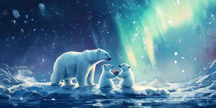 Family of polar bears exchanging gifts on an ice floe, Northern Lights in watercolor sky