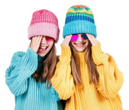 PNG 2 sisters wear beanie sweater smile laughing.