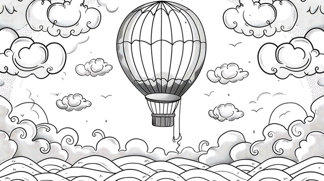 A hot air balloon floats above a landscape of clouds and rolling hills in a black and white drawing.