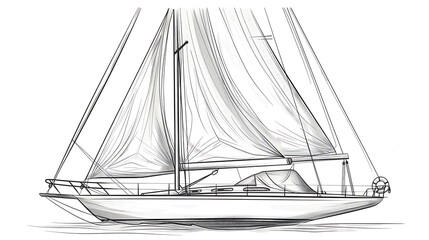 Line drawing of a sailboat with sails billowing in the wind.