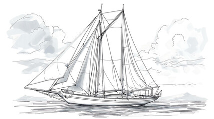 A line drawing of a sailboat with sails unfurled, sailing on a calm sea.