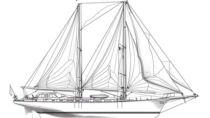 Line art drawing of a sailboat with full sails.