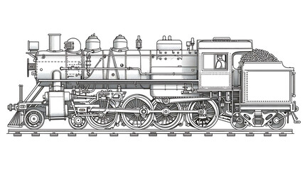A detailed black and white illustration of a vintage steam locomotive.