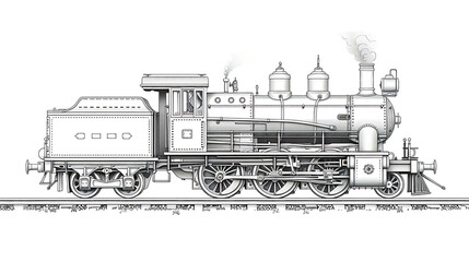 A detailed black and white illustration of a vintage steam locomotive.