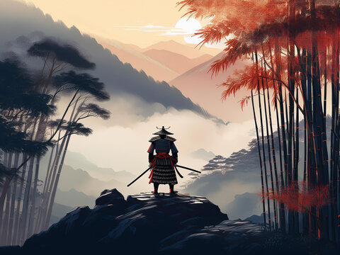 Ein einsamer Samurai steht auf einem nebligen Bergpass