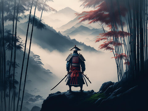 Ein einsamer Samurai steht auf einem nebligen Bergpass