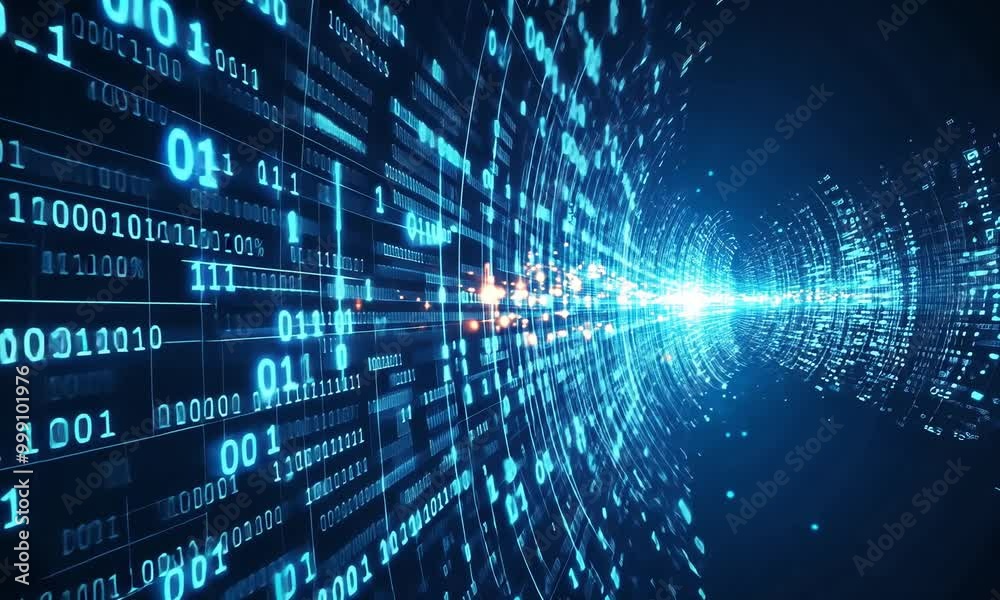 Poster exploring the digital tunnel of flowing binary data in a virtual environment created for technology 