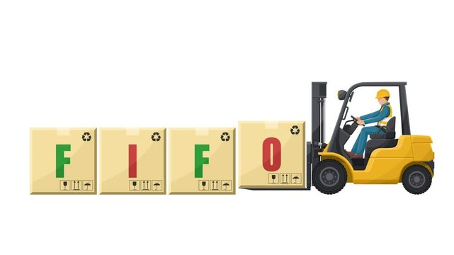 Animation of industrial worker driving a forklift loading boxes. FIFO system. First In, First Out. Inventory management method for product rotation in warehouse. Cargo and shipping logistics