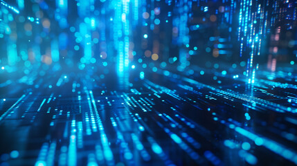 Abstract technological landscape with glowing blue data streams. Illuminated pathways and particles create a sense of digital information flow and connectivity for the background of a wallpaper