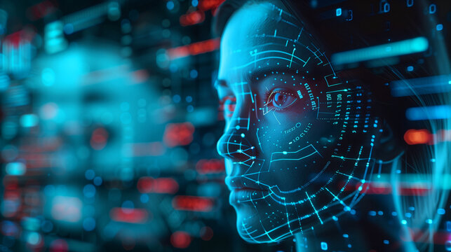 Futuristic digital face with glowing blue gridlines and data points. Cybernetic profile against dark background with red accents. Concept of artificial intelligence, and facial recognition technology