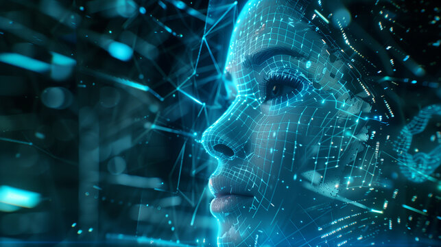 A close-up of a digitally rendered female face composed of blue holographic lines, with data structures and neural networks surrounding her in a futuristic, tech-driven scene - Powered by Adobe