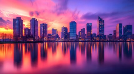 Rotterdam Skyline at Dusk with Pink and Purple Sky Reflection