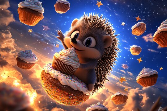 Design a curious hedgehog holding a cupcake, standing on a giant muffin-shaped planet with frosting and sprinkles. The background is filled with flying cakes and stars.