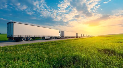 Obraz premium Convoy of Trucks on a Country Road at Sunset