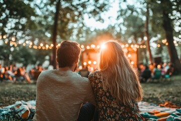 Couple enjoying sunset at outdoor festival with string lights in park