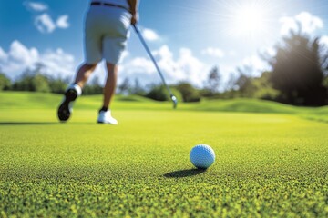 Obraz premium Golfer focused on the putt under bright sunlight on lush green course