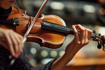Close-up of a musician skillfully playing the violin on stage