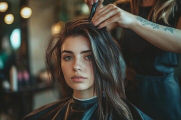 Fototapeta premium Woman getting hair styled in salon with professional care