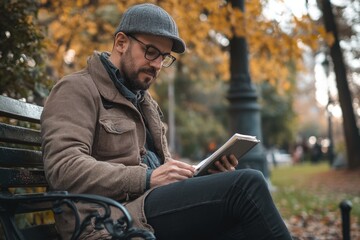 Obraz premium Man writing on bench in autumn park with relaxed expression