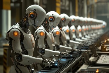 Fototapeta premium Futuristic assembly line of robots in a high-tech factory setting