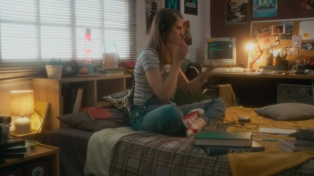 Full side shot of teenage Caucasian girl in jumpsuit putting on headphones and listening to music on walkman while doing homework in decorated retro bedroom, 90s aesthetics