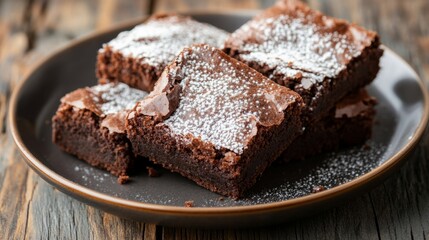 Plate of warm brownies with powdered sugar on top, classic American dessert background generative ai