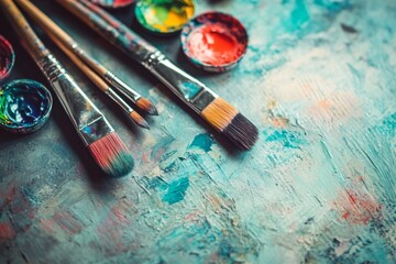 Artistic brushes and vibrant paint strokes on textured canvas