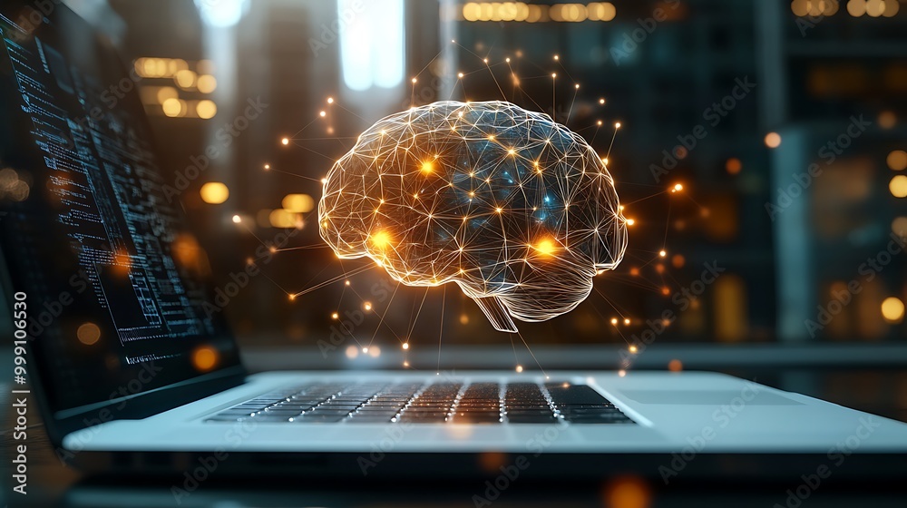 Poster Digital Brain Hovering Above Laptop Connected by Neural Pathways Symbolizing AI and Machine Learning