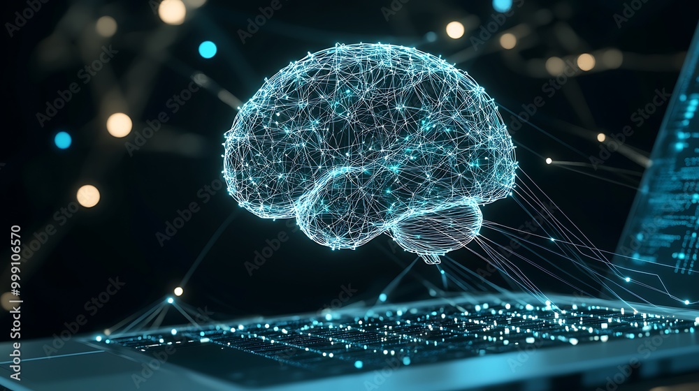 Aufkleber Digital Brain Hovering Above Laptop Connected by Neural Pathways Symbolizing AI and Machine Learning
