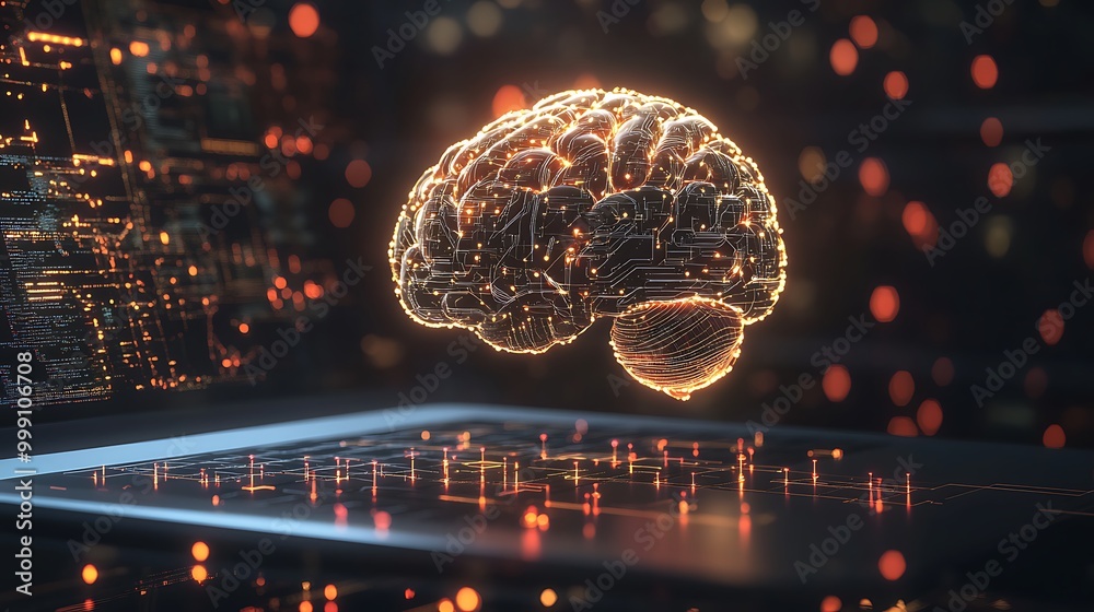 Poster Digital Brain Hovering Above Laptop Connected by Neural Pathways Symbolizing AI and Machine Learning