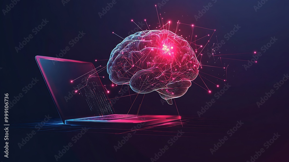 Poster Digital Brain Hovering Above Laptop Connected by Neural Pathways Symbolizing AI and Machine Learning