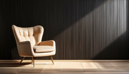 Beige chair in the room against classic black wood wall panels. Modern empty studio in minimalist style for premium product presentation. Stand with sunlight

