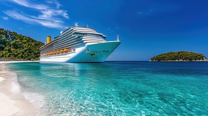 Obraz premium Serene Cruise Ship Anchored by Stunning Coastline, Ideal for Travelers Seeking Adventure and Relaxation with Copy Space for Text