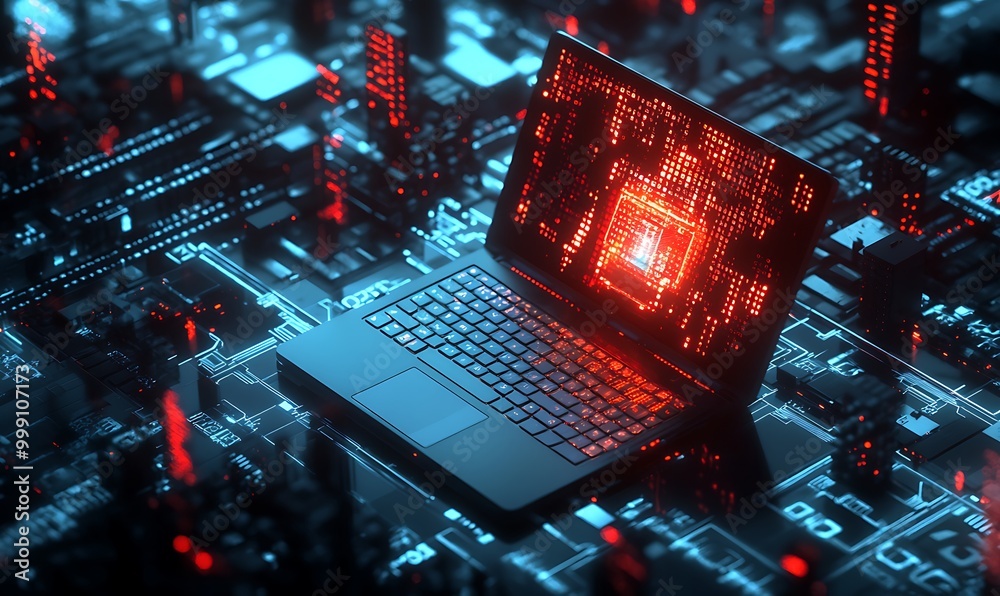 Poster Laptop with Holographic AI Interface Emerging Amid Digital Circuits and Binary Code