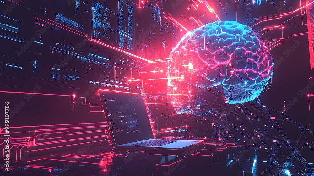 Poster Glowing Digital Network Connecting Laptop to Large AI Brain with Flowing Data Lines