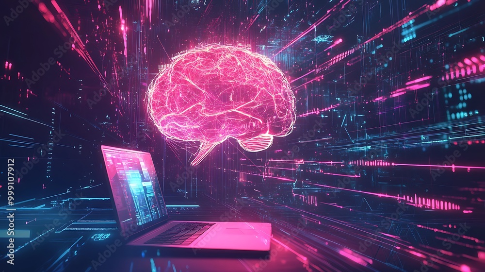 Aufkleber Glowing Digital Network Connecting Laptop to Large AI Brain with Flowing Data Lines