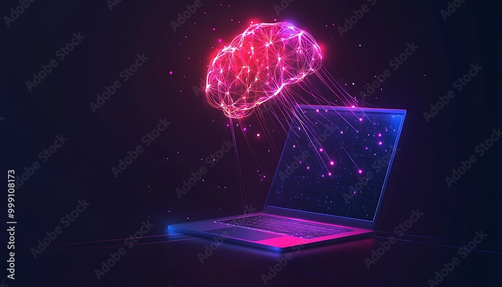 Poster Laptop with Glowing Neural Pathways Forming Digital Brain Above, Symbolizing AI and Machine Learning