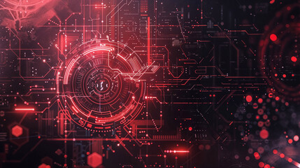 Intricate red cybersecurity interface with central hub. Glowing circuit patterns and data streams visualize complex network protection and threat detection systems.