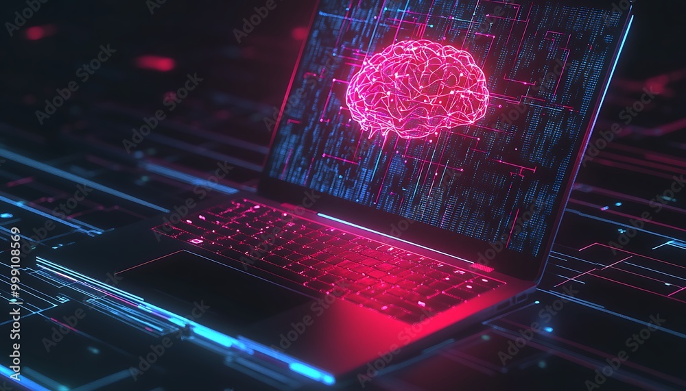 Poster Laptop with Glowing Neural Pathways Forming Digital Brain Above, Symbolizing AI and Machine Learning