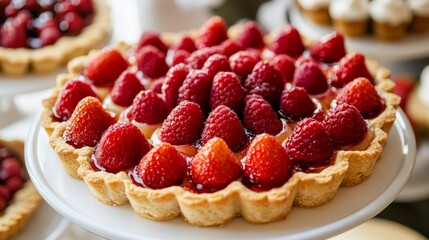 Traditional French fruit tarts on a white platter, with a focus on fresh strawberries and raspberries generative ai