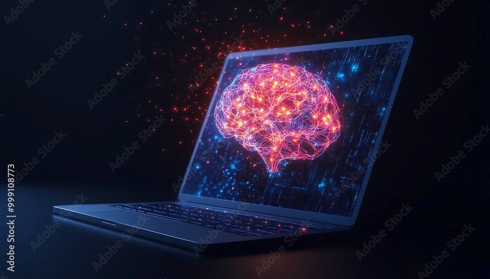 Poster laptop with glowing neural pathways forming digital brain above, symbolizing ai and machine learning