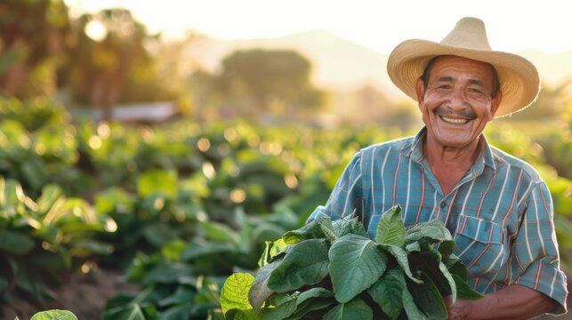 Happy mexican farmers are reaping huge fresh tobacco leaves