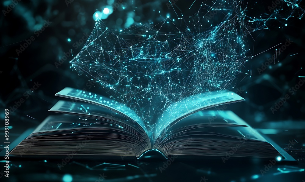 Poster Machine Learning Visualized as Digital Book with Holographic Pages and Data Nodes