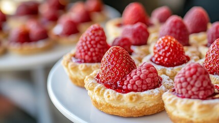 Traditional French fruit tarts on a white platter, with a focus on fresh strawberries and raspberries generative ai