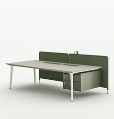 Fototapeta premium L-S marked wood and metal desk with a miscellaneous design, a desk with a cabinet and back panel in a grey-white color combination, rectangular in shape, with a modern style, and metal legs for the fr