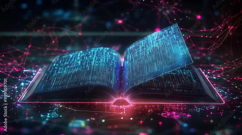 Aufkleber Futuristic Digital Book with Circuits and Data Streams Floating in Virtual Space