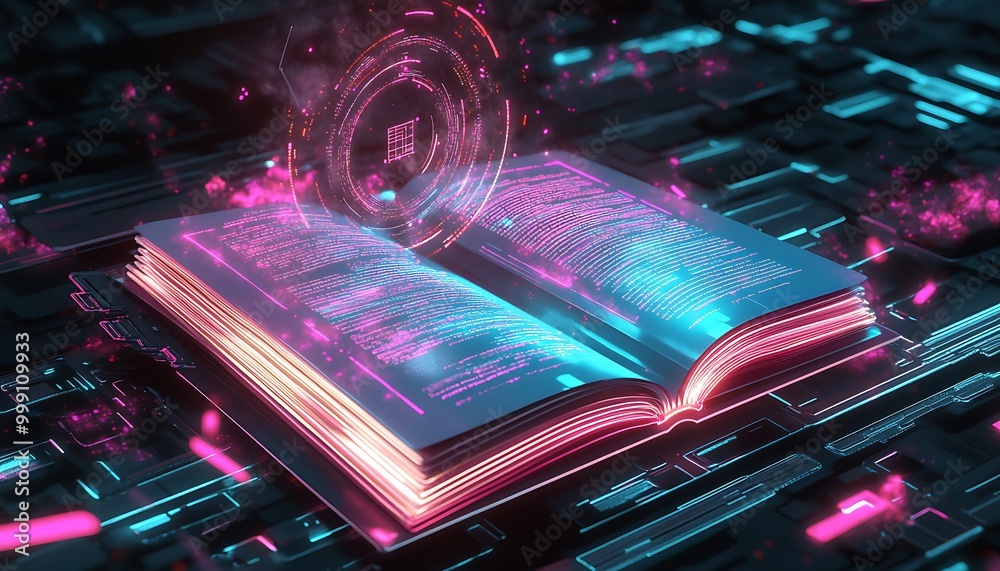 Poster Digital Book with Holographic Pages Displaying Machine Learning Models and Code