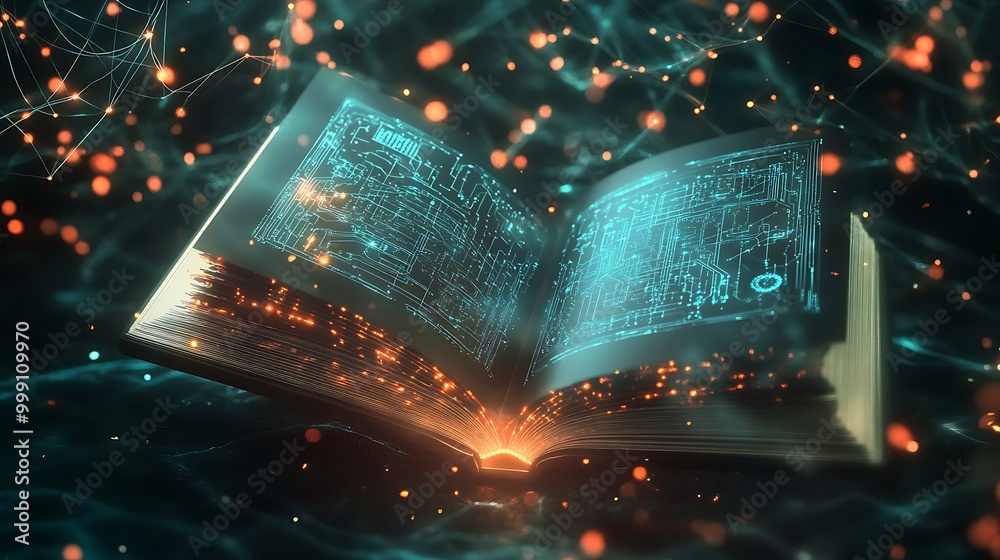 Poster Futuristic Digital Book with Circuits and Data Streams Floating in Virtual Space