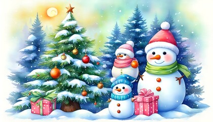 Fototapeta premium charming snowy christmas scene with snowmen and a decorated tree