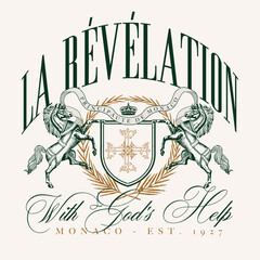 Art design of urban featuring an illustrated horse and shield, victorian illustration. la revelation font texts add an authentic urban, france design. Perfect for clothing patterns seeking © fabian